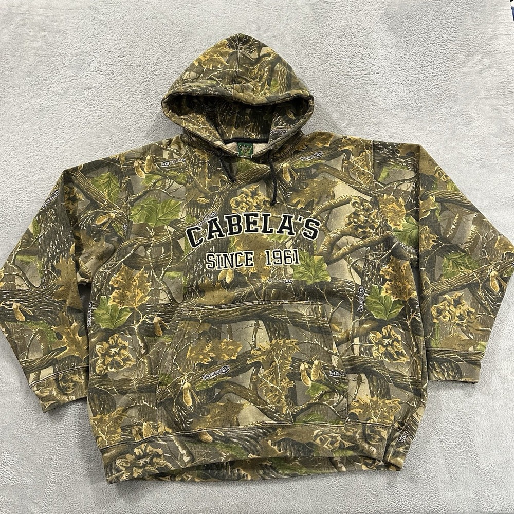 Cabela's Camo Hoodie Mens 2XL Brown Green Sweatshirt Baggy Y2K Hunting